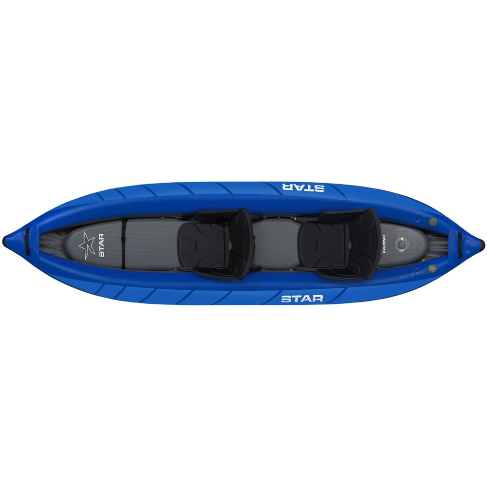 Top view of the NRS STAR Raven 2 Tandem IK, showcasing a sturdy drop-stitch PVC floor and two black seats. The "STAR" branding on the side ensures quality and adventure.