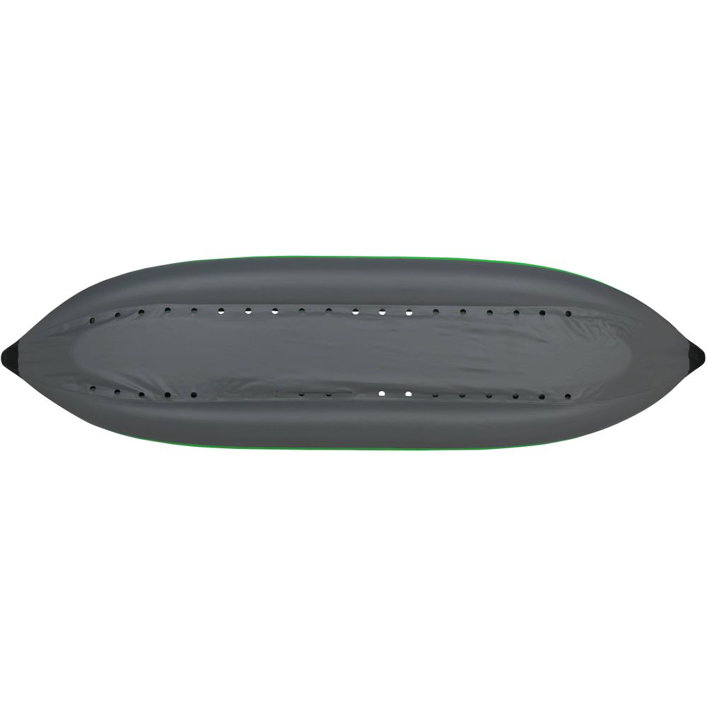 Top view of a deflated STAR Raven 2 Tandem IK inflatable kayak by NRS, made from advanced-formula PVC, with two pointed ends and a central seam with holes for durability.