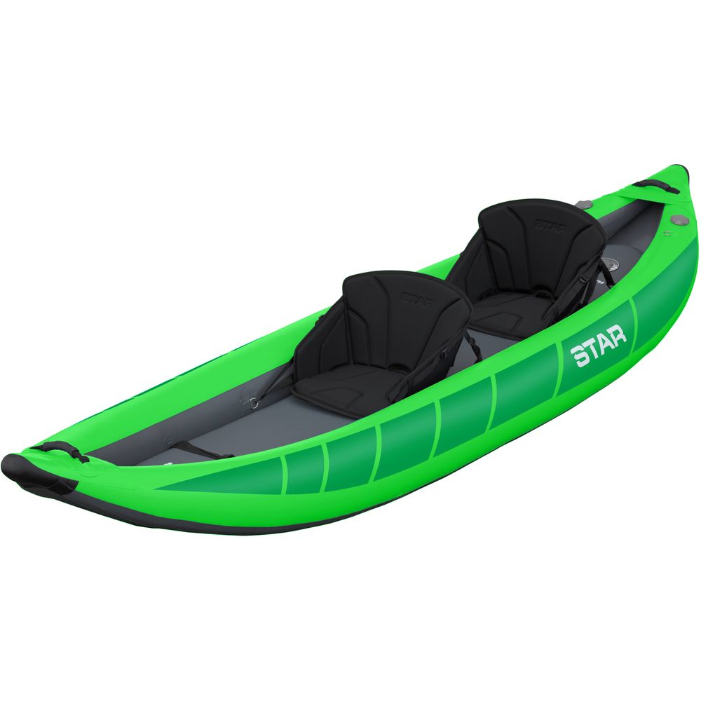 A side view of the bright green STAR Raven 2 Tandem IK by NRS, showcasing its two black seats and durable drop-stitch PVC floor with "STAR" on the side.
