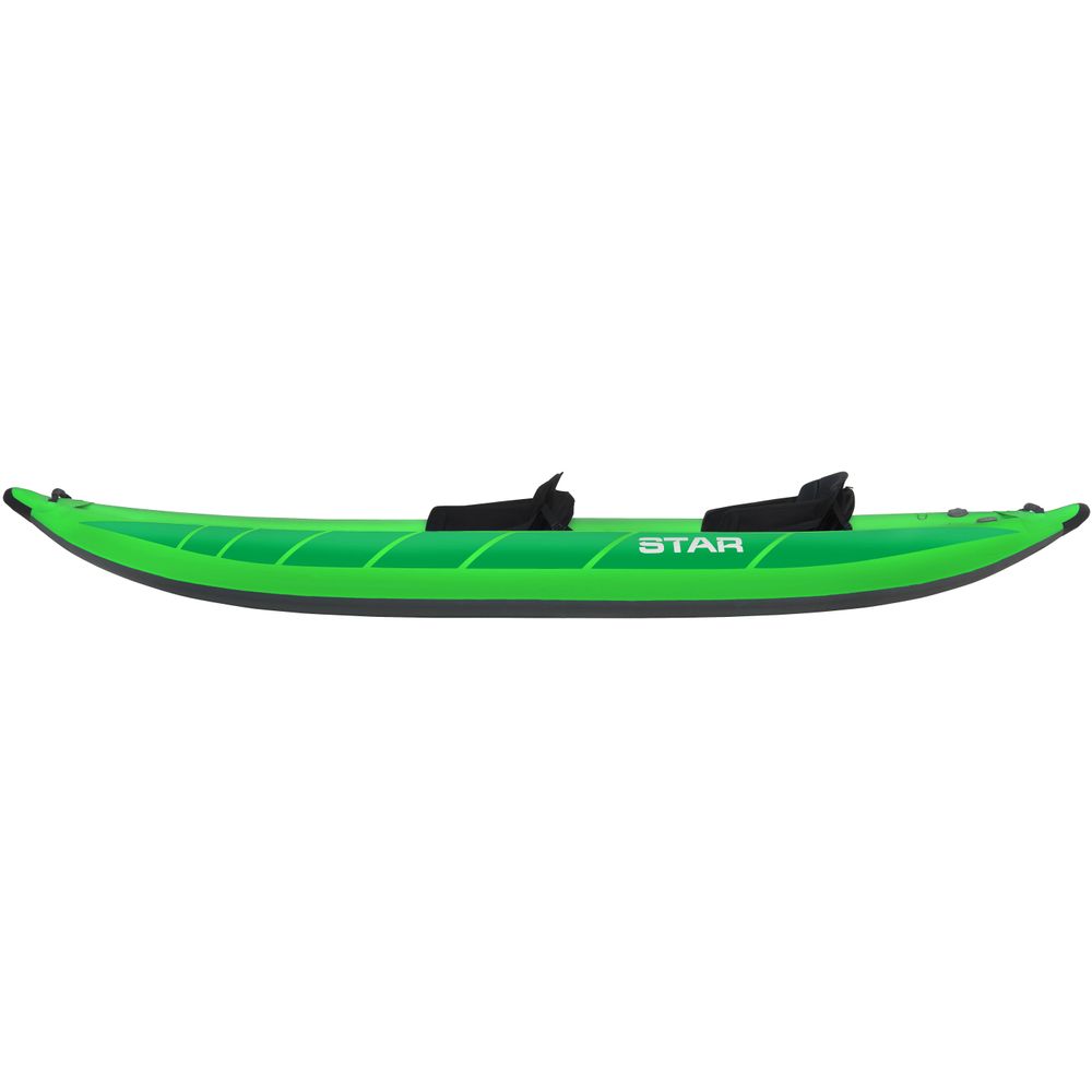 The STAR Raven 2 Tandem IK by NRS, a green inflatable kayak with two black seats seen from the side, showcases a sturdy drop-stitch PVC floor for outstanding stability.