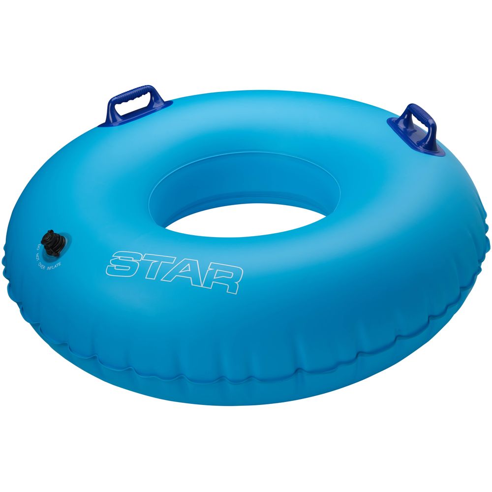 The NRS Star River Tube is a blue inflatable swim tube made of heavy-duty vinyl with sturdy handles, "STAR River Tube" printed on it, and includes a Boston-style valve for easy inflation and deflation.