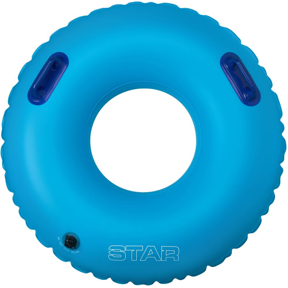 The NRS Star River Tube is a blue inflatable swim ring made from heavy-duty vinyl, featuring handles and the "STAR" logo. It includes a Boston-style valve for easy inflation and deflation.
