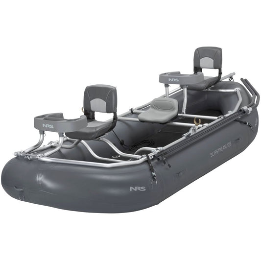The NRS Slipstream Fishing Raft is an inflatable gray raft with two seats and a sturdy metal frame, engineered for whitewater durability. Ideal for shallow waters, it promises a safe and enjoyable adventure.