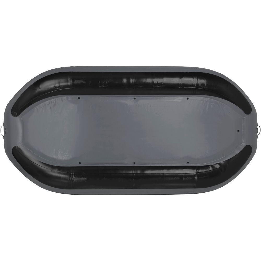 Aerial view of the gray and black NRS Slipstream Fishing Raft, illustrated with whitewater-engineered durability, featuring multiple air chambers and two side handles for exceptional shallow water performance.