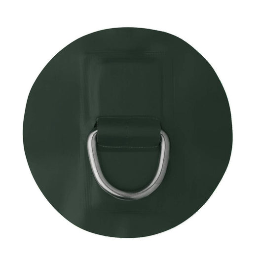 The NRS Star 1.3" PVC D-Ring is a circular dark green patch with a central metal D-ring, ideal for securing items on an inflatable craft during outdoor activities.