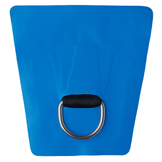 A blue waterproof bag with a black handle and an NRS Star 2" PVC D-Ring attached to the front, providing dependable, corrosion-resistant service.