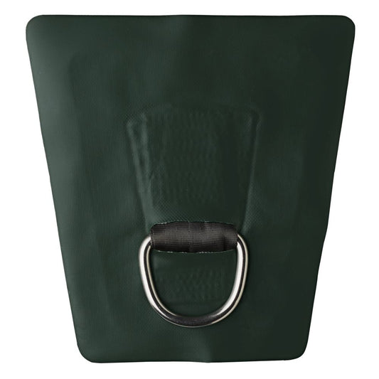 Close-up of a Star 2" PVC D-Ring, a green trapezoidal object by NRS with a black handle and PVC D-Ring Patch, designed for heavy pulls and featuring a metallic stainless steel D-ring at the center.