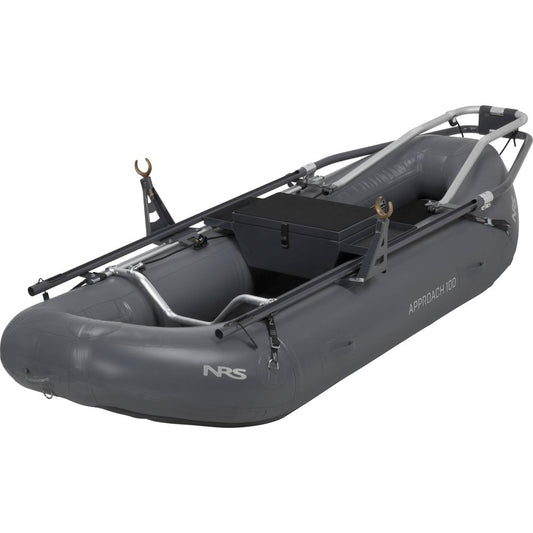 The NRS Approach Fishing Raft - Floor Model features a gray design with a metal frame, oar mounts, and a storage box—ideal for anglers seeking a lightweight micro-raft for tight waters. "Approach 120" is labeled on the side.
