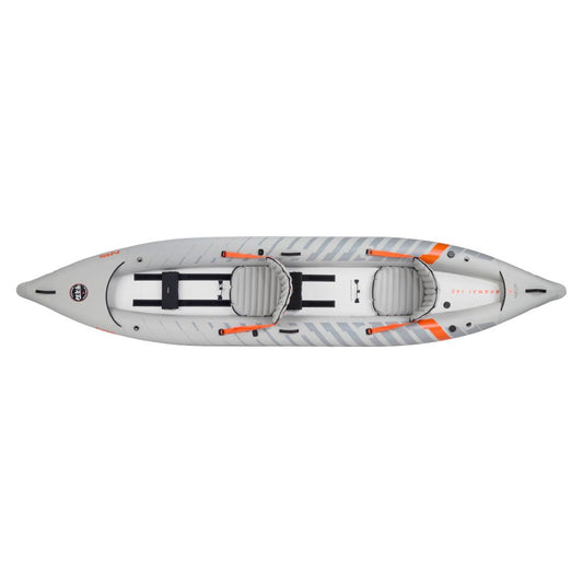 Top view of the NRS Akamai 145 Tandem Inflatable Kayak in gray with orange accents, featuring two seats for paddlers. This portable kayak is ideal for flatwater adventures.