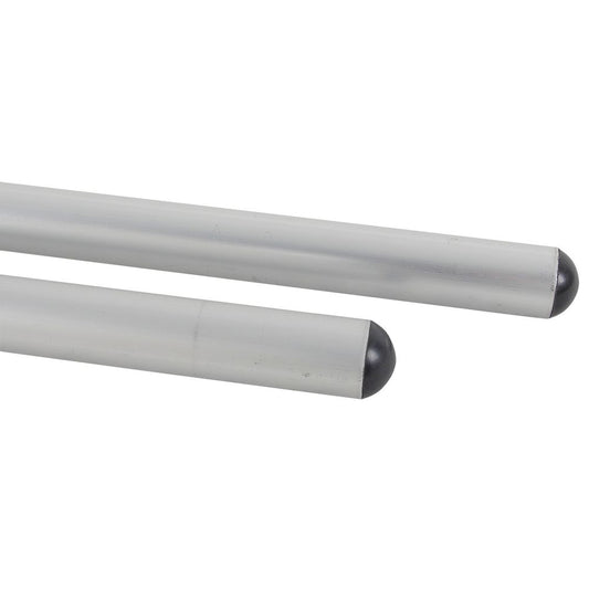 Two anodized aluminum pipes with rounded black ends are parallel on a white background, showcasing NRS Side Rails.