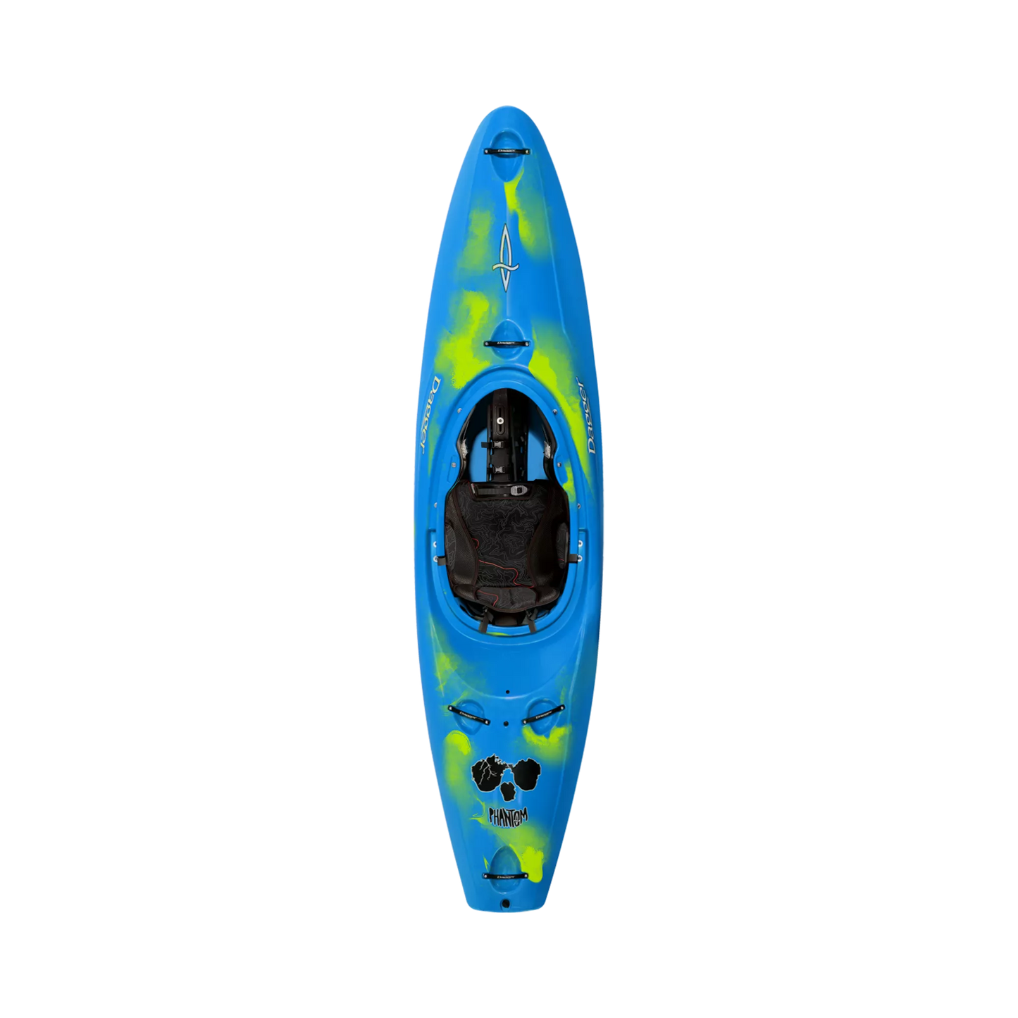 A blue and yellow Phantom kayak on a white background. (Brand: Dagger)