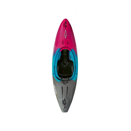 A pink and blue Dagger Rewind XS kayak on a black background.