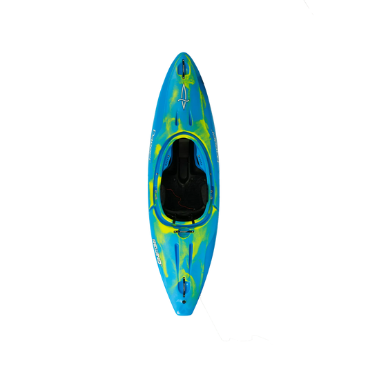 A blue and yellow Rewind XS kayak on a black background. (Brand: Dagger)