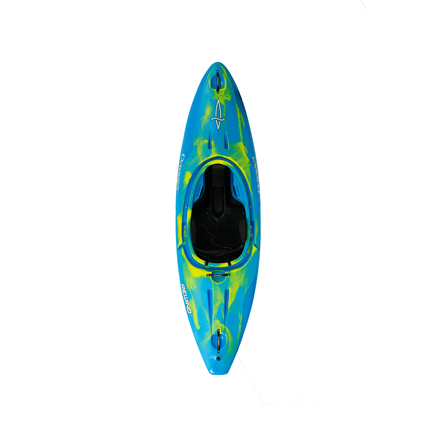 A blue and yellow Rewind XS kayak on a black background. (Brand: Dagger)