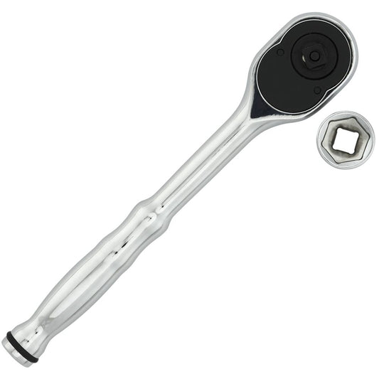 A sleek chrome NRS Frame 1/2in Ratchet Wrench with a socket attachment is displayed on a pristine white background, highlighting its stylish design.