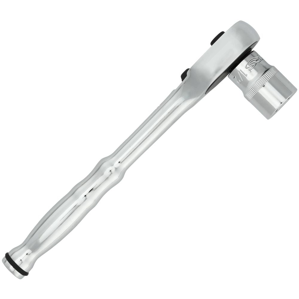 The NRS Frame 1/2in Ratchet Wrench boasts a sleek chrome finish and comes with a socket attachment, set against a white background. Its precision design excels in handling LoPro and Oar Mount U-bolt nuts effortlessly.