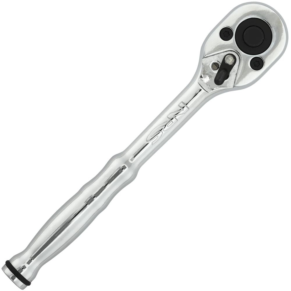 The NRS Frame 1/2in Ratchet Wrench features a chrome finish, textured handle, swivel head, release button, and directional switch. It is engineered to work flawlessly with LoPro and Oar Mount U-bolt nuts for precise tasks.