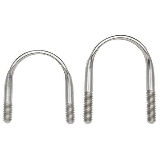 Two NRS U-Bolts of varying sizes with threaded ends, made from stainless steel, are showcased on a white background.