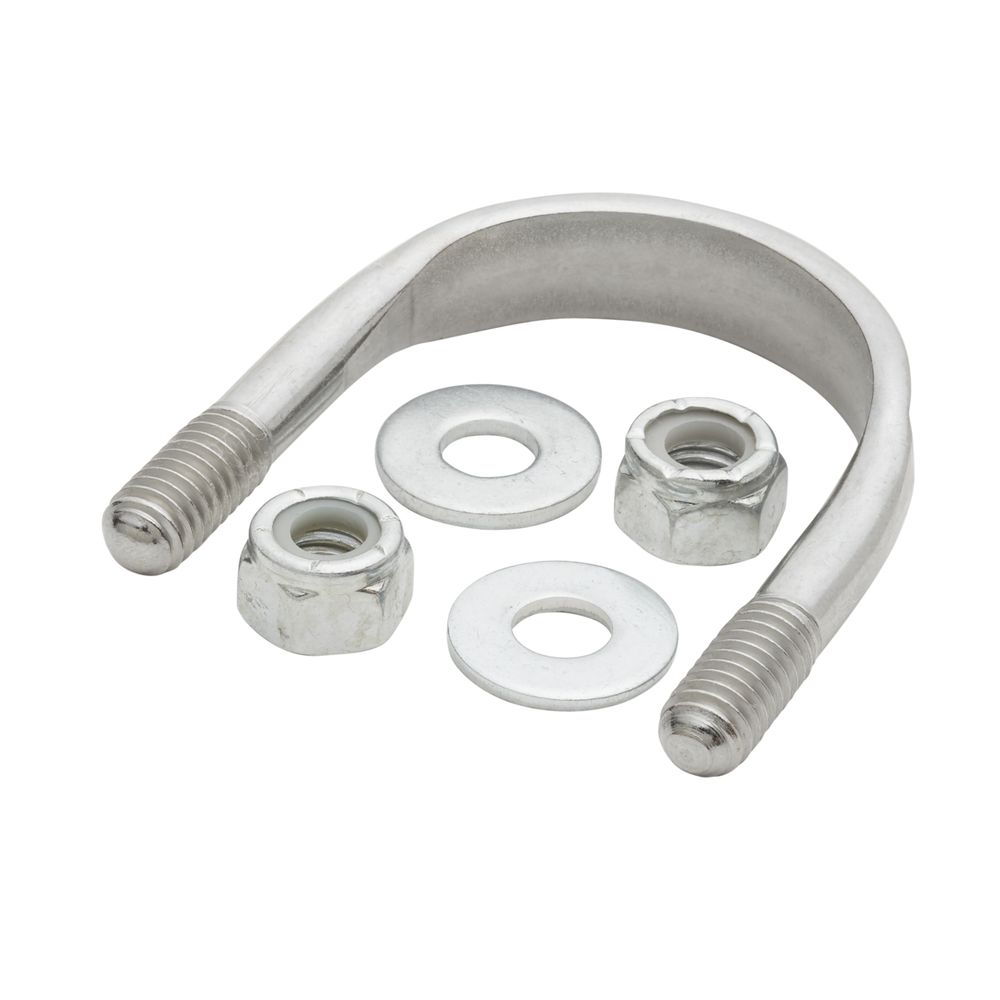 The NRS U-Bolt from NRS, crafted from stainless steel and complete with two washers and nuts, ensures durability and strength. It's ideal for diverse applications like the NRS Frame assembly. Suitable for various uses against a white backdrop.