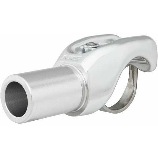 The NRS LoPro Frame Fitting is a hot-forged aluminum clamp with a cylindrical opening and hinged clasp, perfect for an adjustable raft frame.