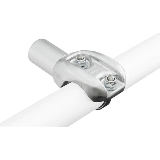 The Coyote Foot Bar by Coyote River Gear securely holds two white pipes in a T-shape using a metal pipe clamp with bolts, providing a sturdy foothold.