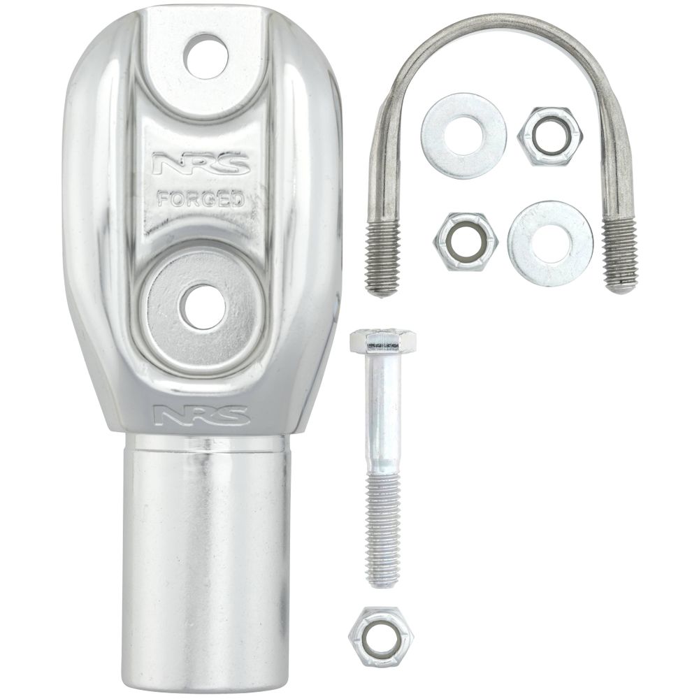 The NRS LoPro Frame Fitting is a hot-forged aluminum bracket assembly that includes a U-bolt, washers, nuts, and a bolt. It features "NRS FORGED" engraved text and is ideal for an adjustable raft frame setup.