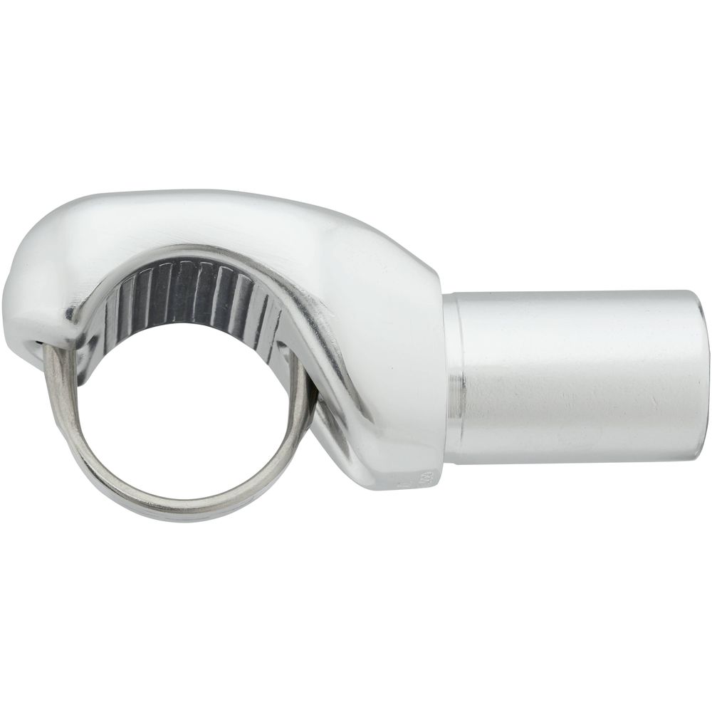 Close-up of the LoPro Frame Fitting by NRS, featuring a curved clamp and cylindrical section. Forged from hot-forged aluminum, it's designed to secure a pipe or rod.