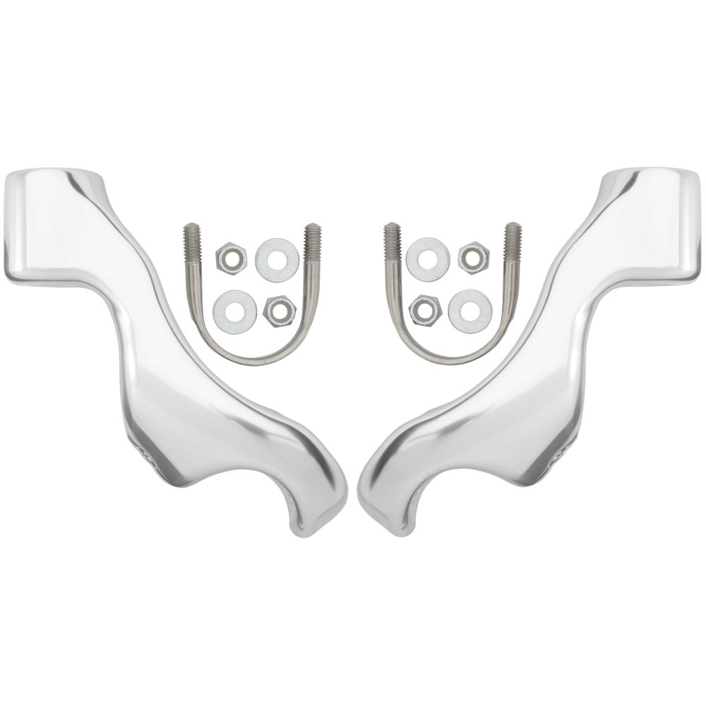 Two chrome handlebar risers with bolts, washers, and brackets are symmetrically arranged on a white background with precision similar to that of NRS Oar Tower Stands.
