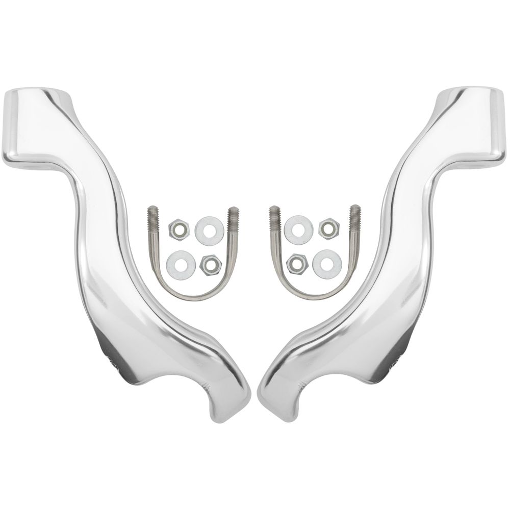 Two chrome exhaust header brackets, complete with U-bolts, washers, and nuts, are symmetrically arranged on a white background, showcasing precision akin to NRS Oar Tower Stands.