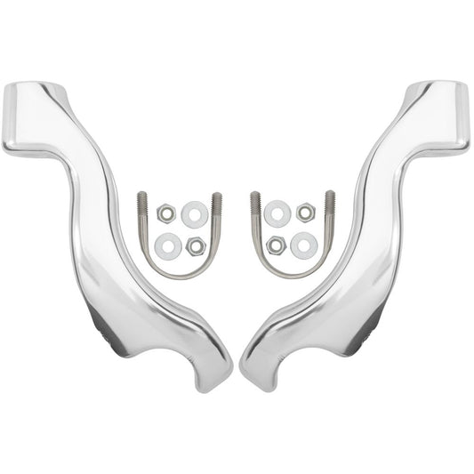 Two chrome exhaust header brackets, complete with U-bolts, washers, and nuts, are symmetrically arranged on a white background, showcasing precision akin to NRS Oar Tower Stands.