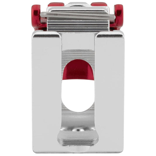 Close-up of the NRS ClampIt Frame Attachment with a red top, featuring a central vertical slot, designed for customization.