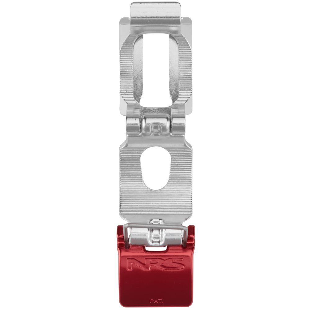 The ClampIt Frame Attachment by NRS is an aluminum clamp featuring a silver hinge and red base, with "NRS" on the base, combining functionality and style.