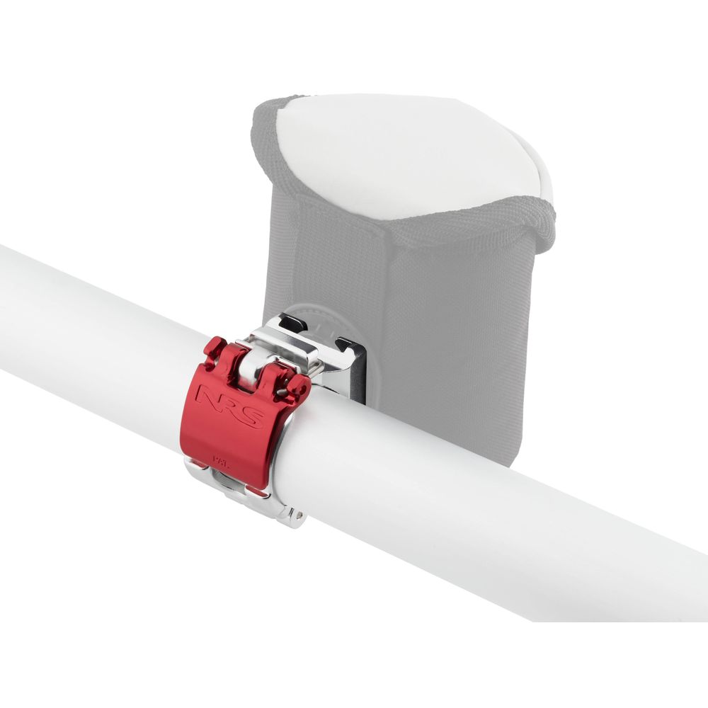 The NRS ClampIt Frame Attachment is a red aluminum clamp on a white cylindrical pole with a gray fabric pouch above, providing customizable attachment options.