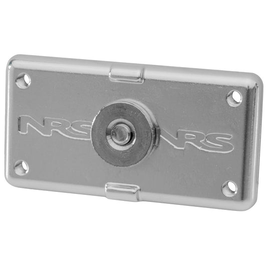 Rectangular metal plate with four corner holes and a central circular element, featuring "NRS" embossed for compatibility with the NRS ClampIt Utility Mount, offering versatile mounting options.