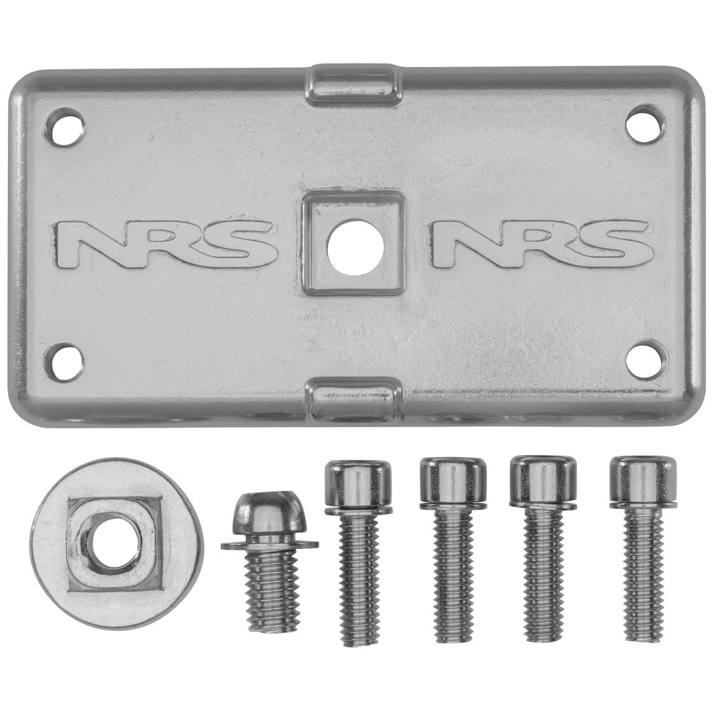 An NRS metal mounting plate with "NRS" engraved is paired with the ClampIt Utility Mount, which includes four screws around it and one nut below.