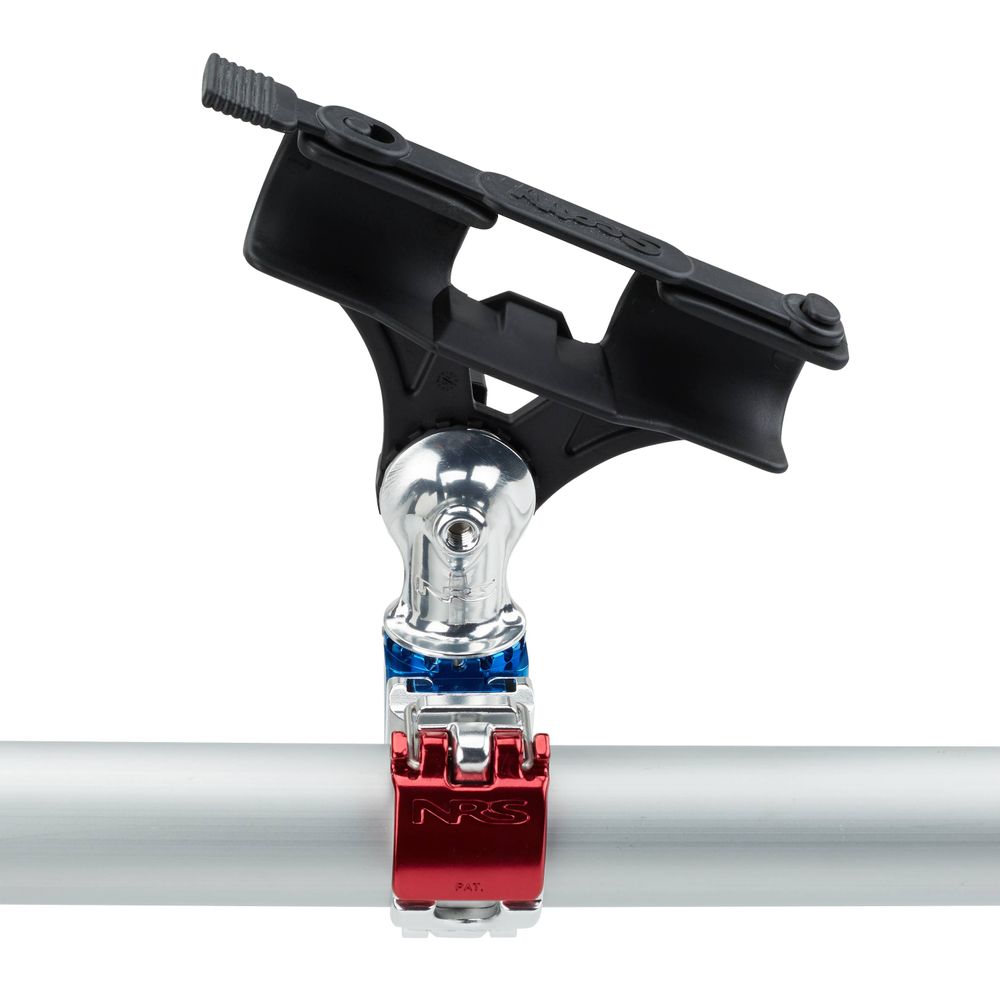 The NRS ClampIt Rod Holder Attachment is firmly secured to a silver horizontal pole, showcasing a unique red and blue clamp with a lever-action attachment.