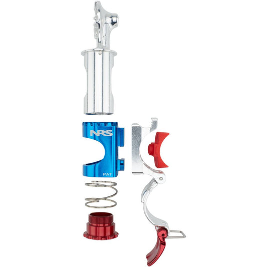 The exploded view of a mechanical device showcases components including silver top and bottom parts, blue and red sections, a spring, and a hook-like element. It's designed with precision, featuring a lever-action attachment similar to the NRS ClampIt Rod Holder for improved functionality.