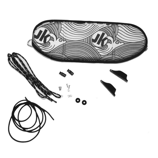 The Jackson Backband Kit by Jackson Kayak includes a mesh sunshade with wave and "JK" design, along with a Rope and Cleat System, cords, screws, and small plastic components on a white background.