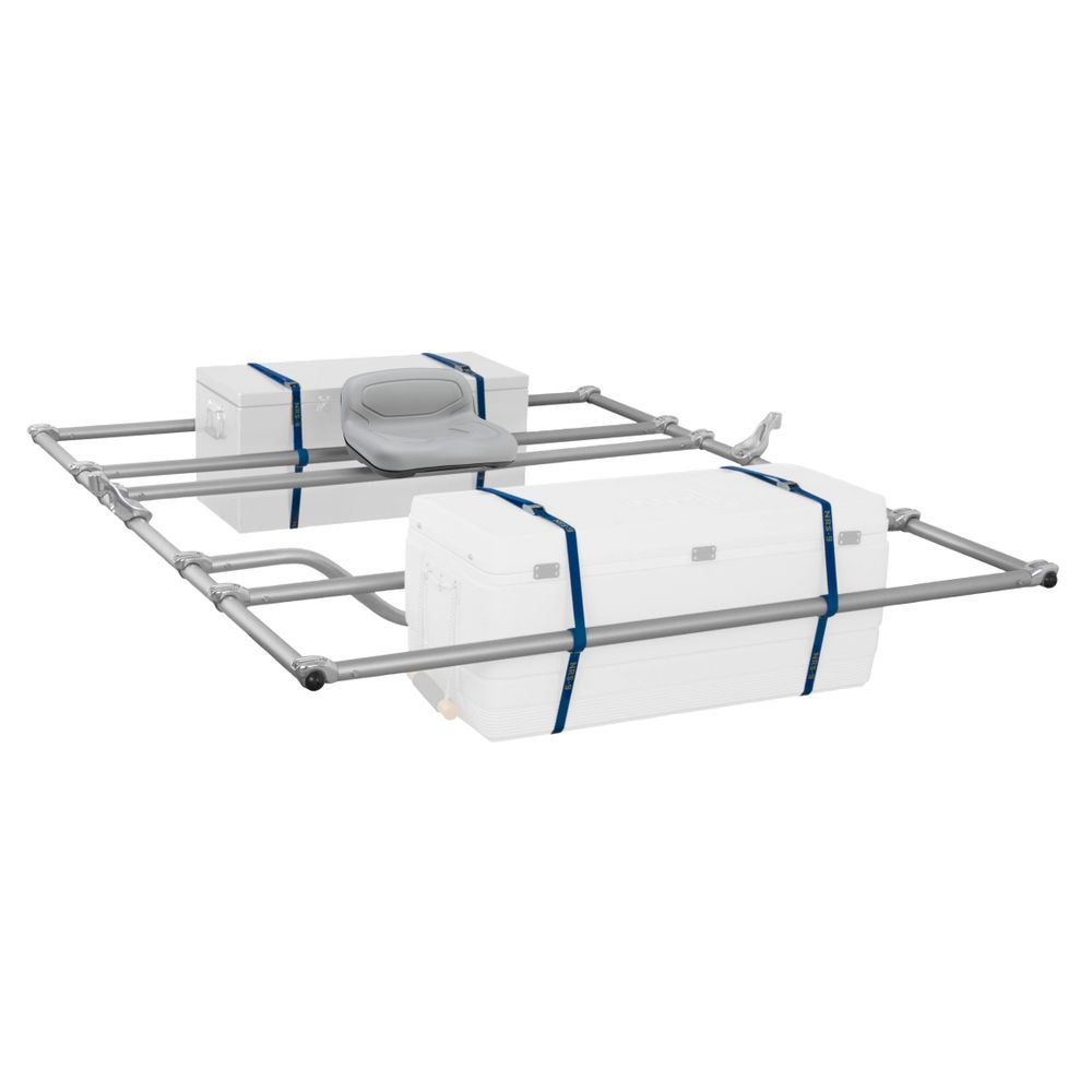 The NRS Bighorn II Raft Frame is a modular aluminum frame featuring an adjustable seat and two large secured white coolers, ideal for adventure enthusiasts.