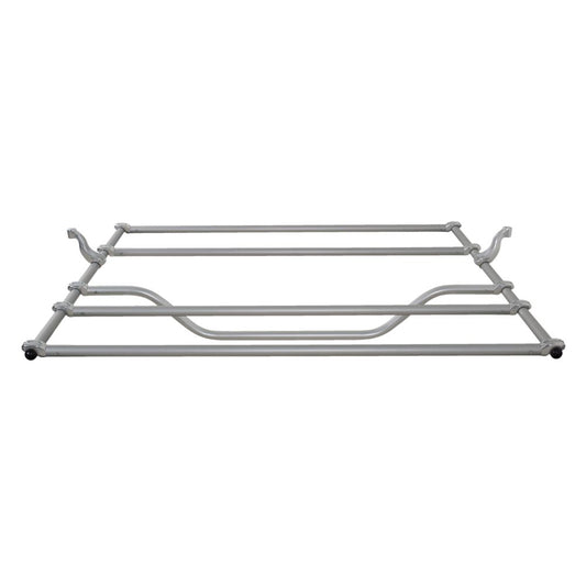 This gray, rectangular metal roof rack has adjustable bars and clamps for vehicle installation, perfect for securing gear on a whitewater expedition. Compatible with the NRS Compact Outfitter Raft Frame and Adjustable Cooler Mounts, it's ideal for adventurous travelers.