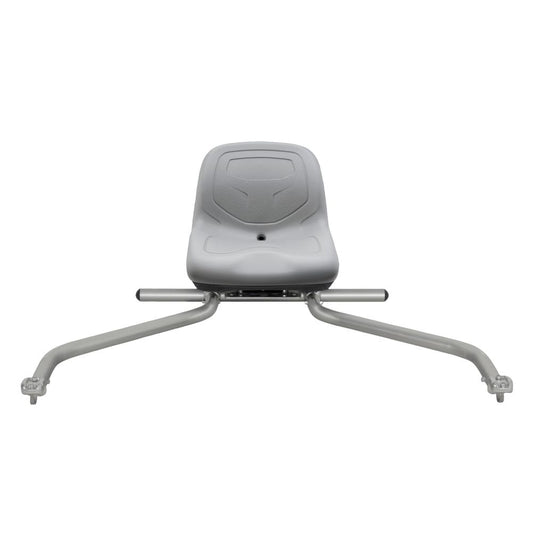 The NRS Stern Mount Fishing Seat is a gray plastic chair with a wide modular anodized aluminum frame, featuring two outward-curving legs and a simple backrest design.