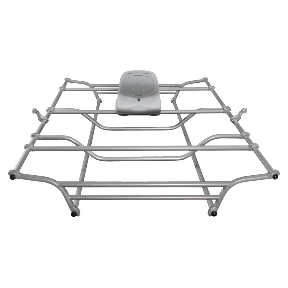 The NRS Top Cat Cataraft Frame is a rectangular metal structure with multiple crossbars and a center-mounted seat, ideal for setting up your rowing gear.