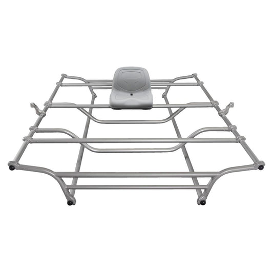 The NRS Top Cat Cataraft Frame is a rectangular metal structure with multiple crossbars and a center-mounted seat, ideal for setting up your rowing gear.