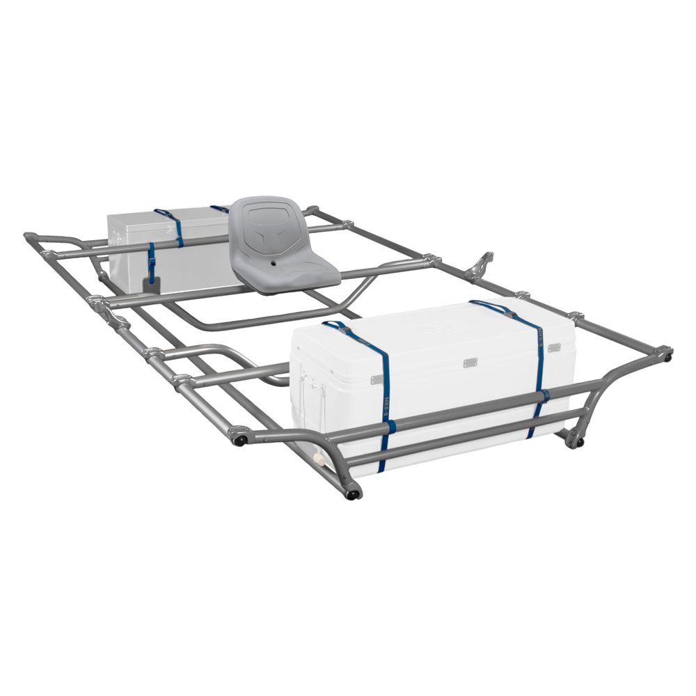 The NRS Top Cat Cataraft Frame offers a durable metal construction, featuring a single seat and securely accommodating two large white boxes for coolers, along with essential rowing gear.