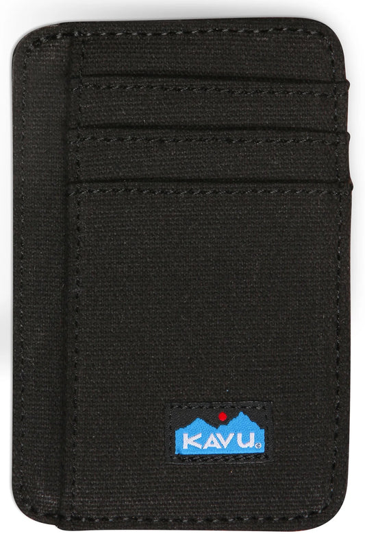 The Kavu Fairbanks is a black cotton canvas wallet cardholder featuring three card slots and a blue Kavu logo patch on the front—ideal for everyday use as a slim, minimalist wallet.