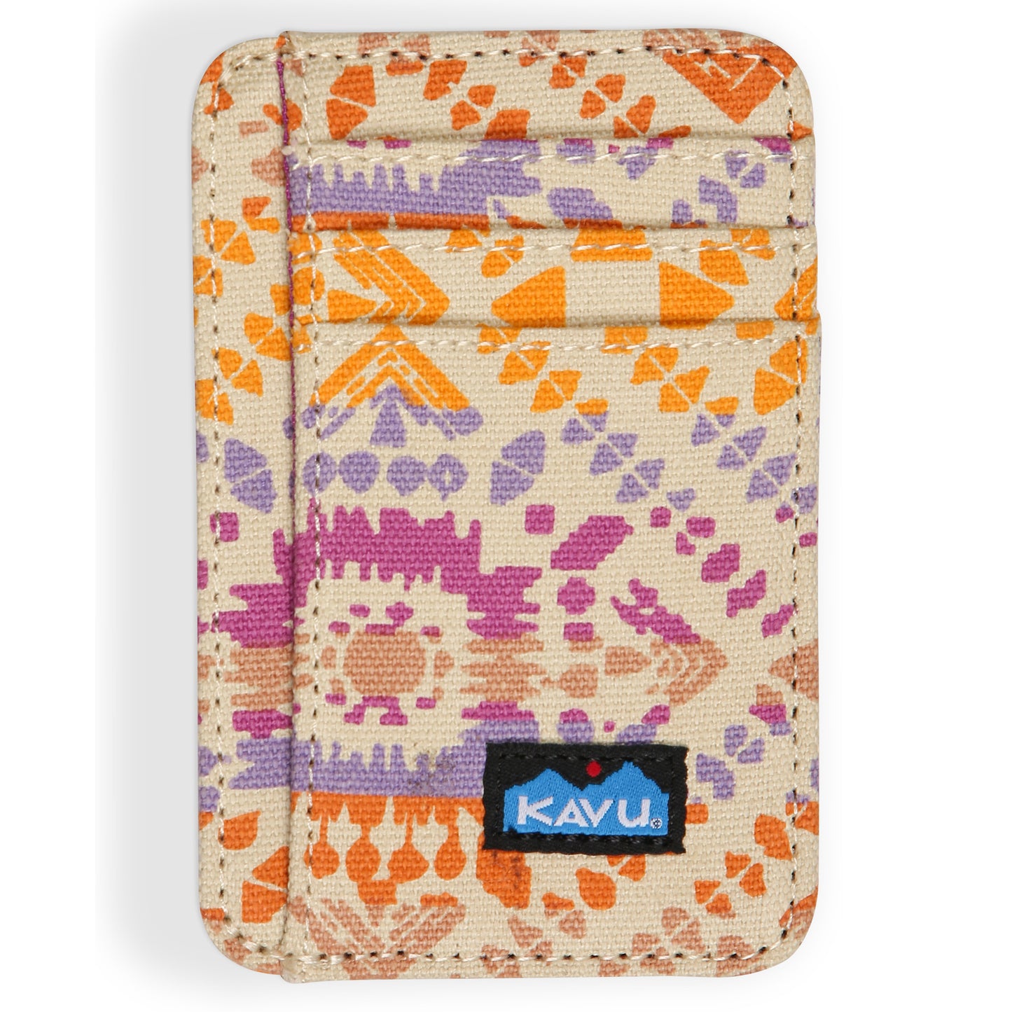 The Kavu Fairbanks is a slim cotton canvas wallet with orange and purple geometric patterns, multiple slots, and a black logo patch on the front—combining style and function for organizing your essentials.