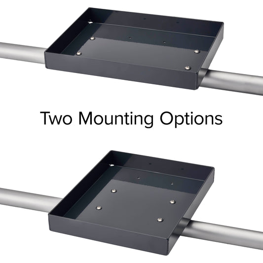 Two NRS Rafting Seat Bar Trays mounted in different orientations on frame pipes, showing two storage options.