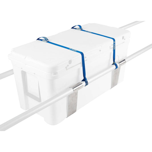 An NRS white cooler mount is secured with blue straps and metal brackets to two parallel white poles for stability.