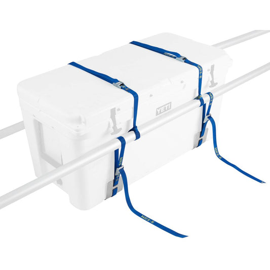 The NRS Adjustable Cooler Mount, holding the white Yeti cooler with blue straps to the NRS Frame, ensures a secure and adaptable setup for any adventure.