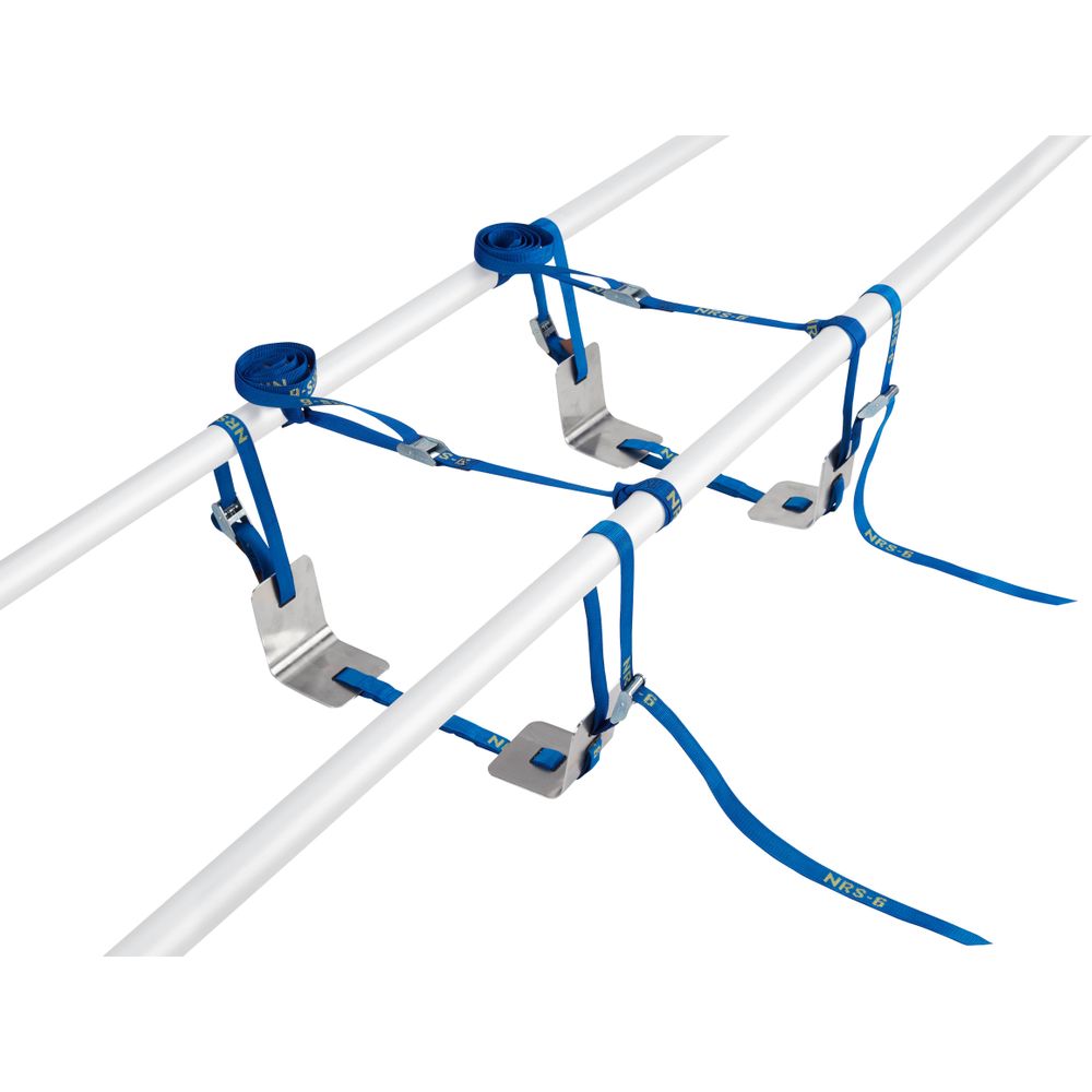 The NRS Adjustable Cooler Mount with buckles and clamps includes blue kayak straps that secure to a white metal frame for easy attachment.